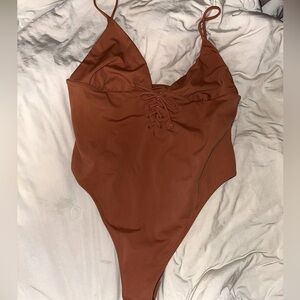 NWT la hearts PACSUN brown lace up bodice one piece swimsuit L beach vacation